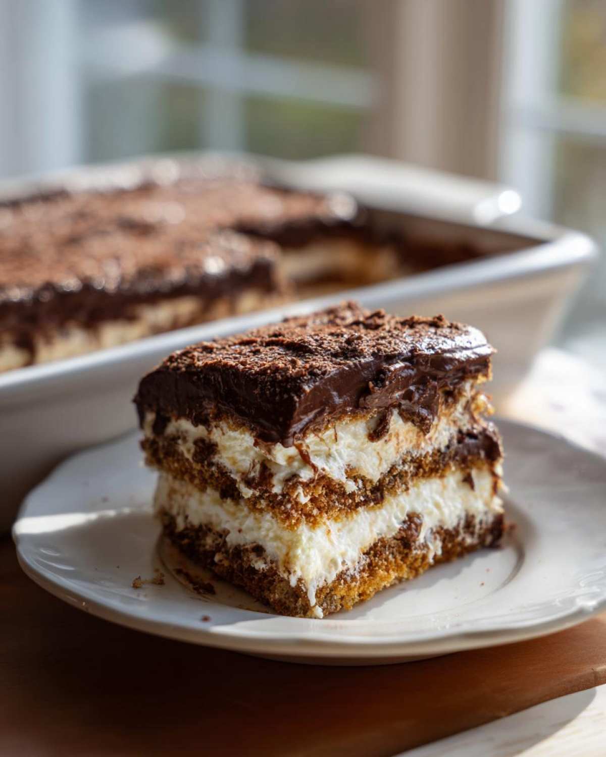 A decadent slice of chocolate eclair cake showing three distinct layers of pastry, cream filling, and rich chocolate frosting.