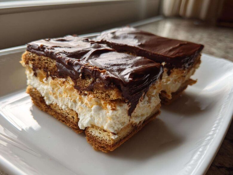 Two rectangular slices of amazing 3 layer chocolate eclair cake with creamy filling and rich chocolate topping.