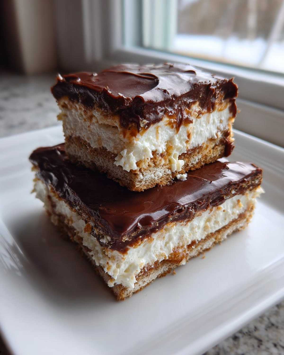 Two stacked squares of amazing chocolate eclair cake showing layers of crust, cream filling, and chocolate glaze.
