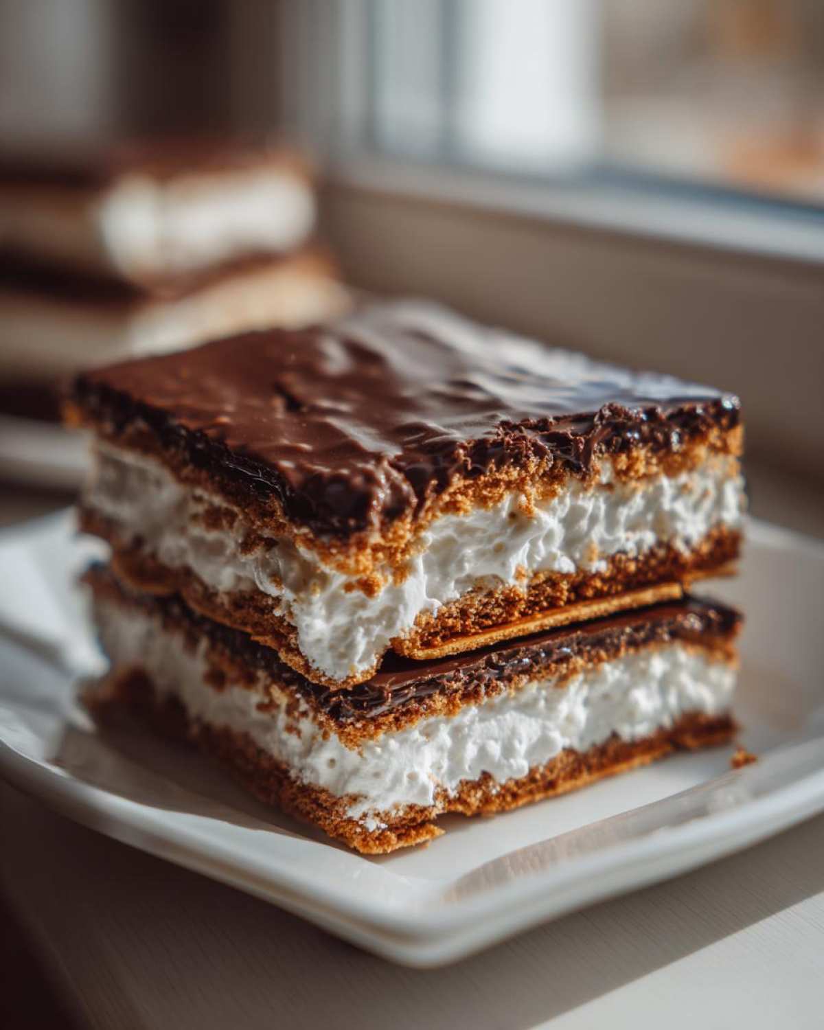Two stacked squares of amazing chocolate eclair cake featuring graham cracker layers, white cream filling, and chocolate glaze.