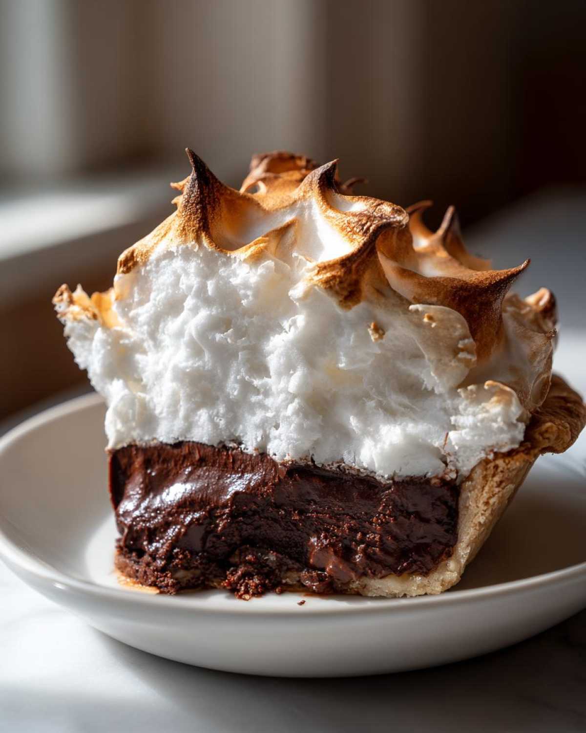 Close-up of a slice of chocolate meringue pie showing rich dark filling and tall, torched meringue peaks.