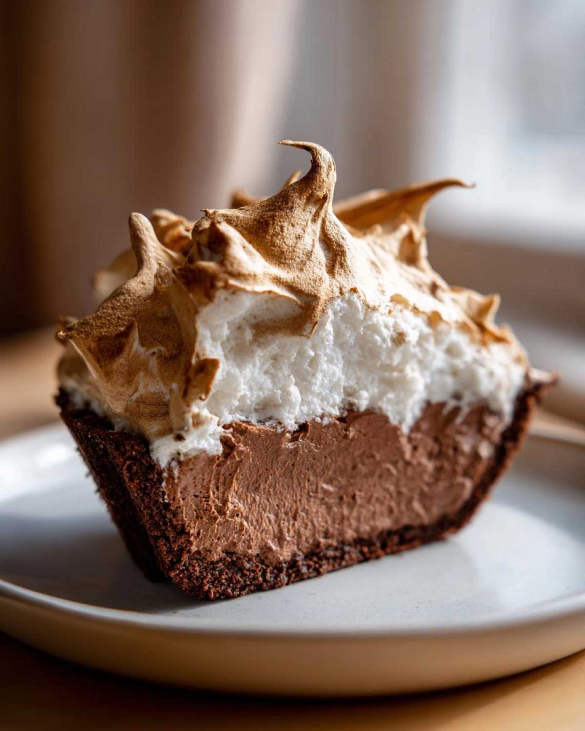 Close-up of a slice of chocolate meringue pie showing the dark crust, rich chocolate filling, and perfectly torched meringue.