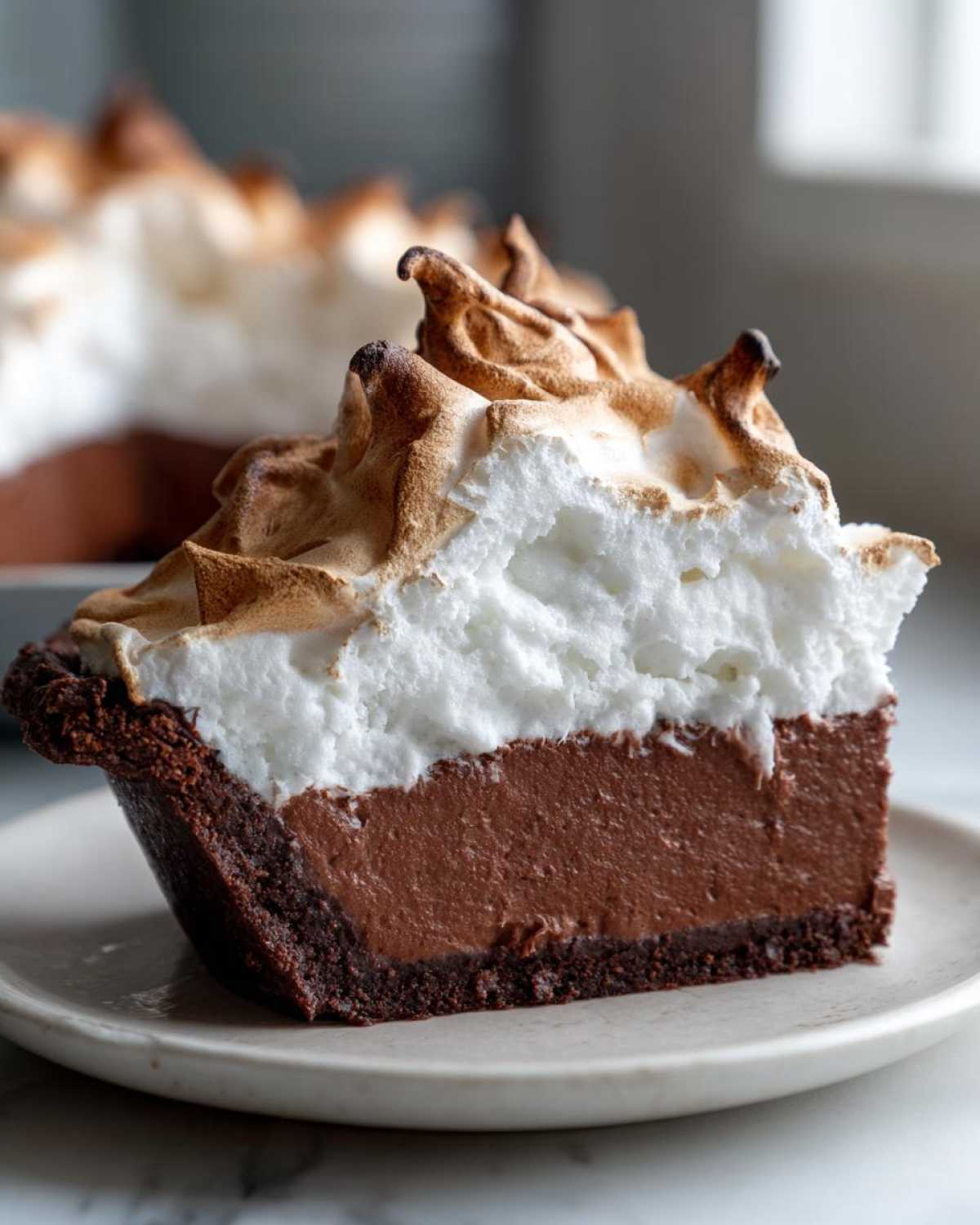 A perfect slice of chocolate meringue pie showing a dark crust, rich chocolate filling, and tall, toasted meringue topping.