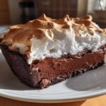 A close-up slice of chocolate meringue pie showing a dark chocolate filling and a tall, toasted meringue topping.