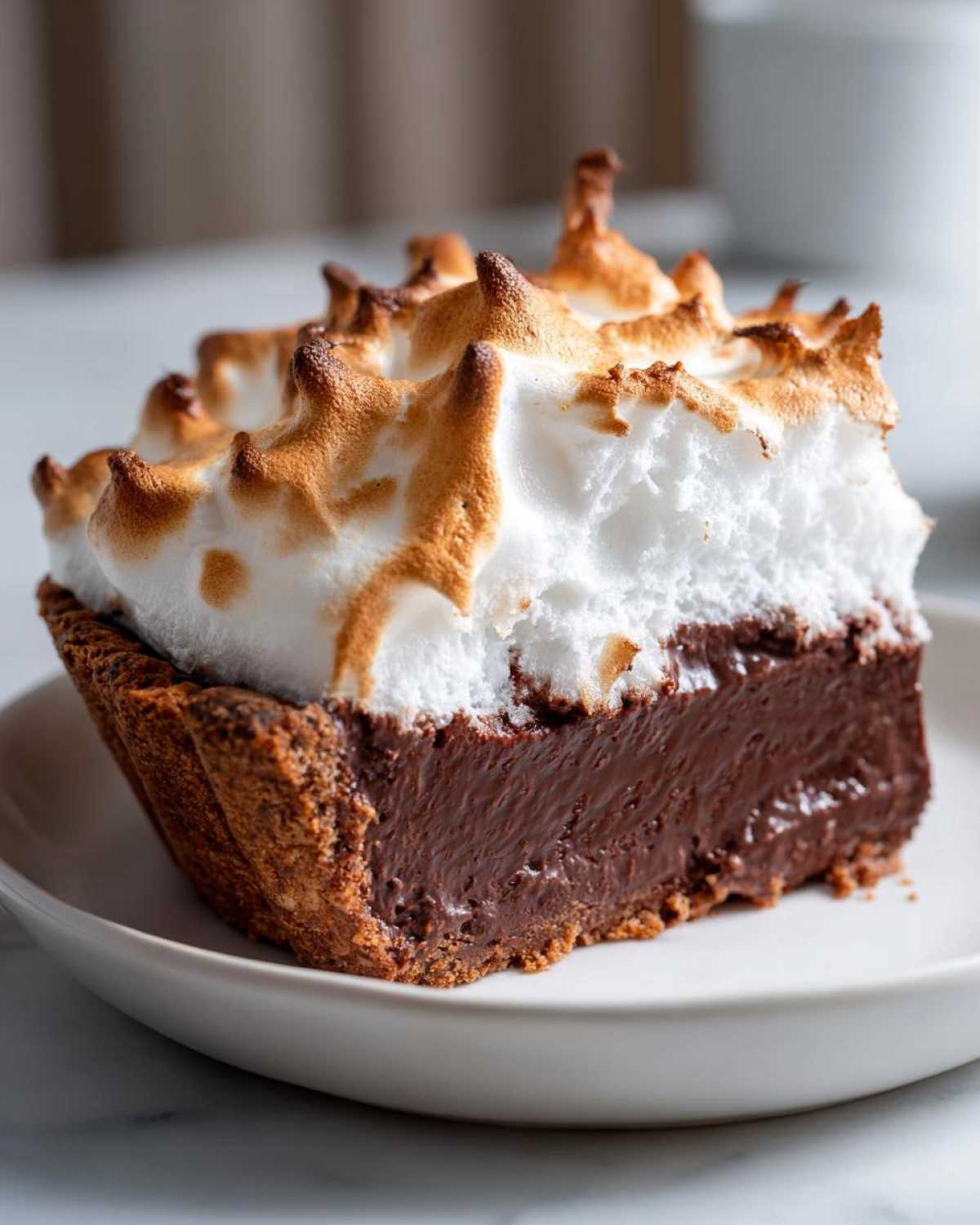 A close-up of a slice of rich chocolate meringue pie showing the dark filling and toasted meringue peaks.