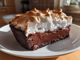 A close-up slice of chocolate meringue pie showing a dark chocolate filling and a tall, toasted meringue topping.