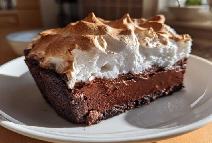 A close-up slice of chocolate meringue pie showing a dark chocolate filling and a tall, toasted meringue topping.