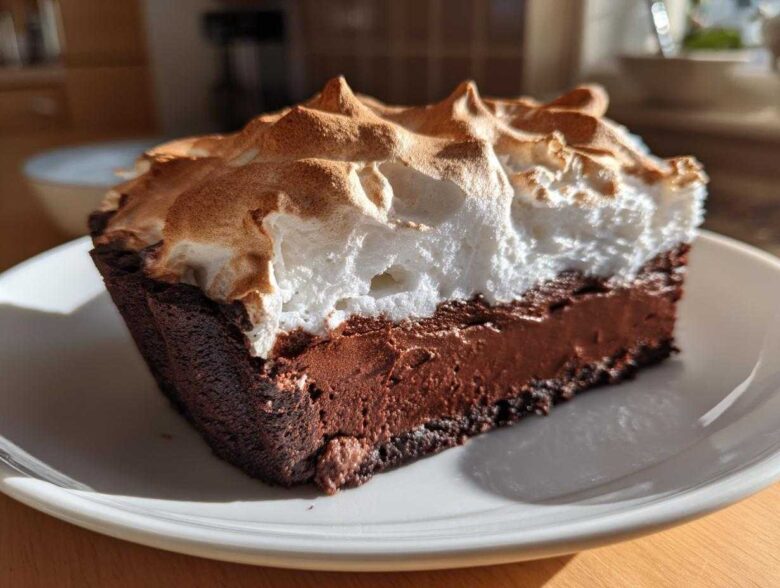 A close-up slice of chocolate meringue pie showing a dark chocolate filling and a tall, toasted meringue topping.