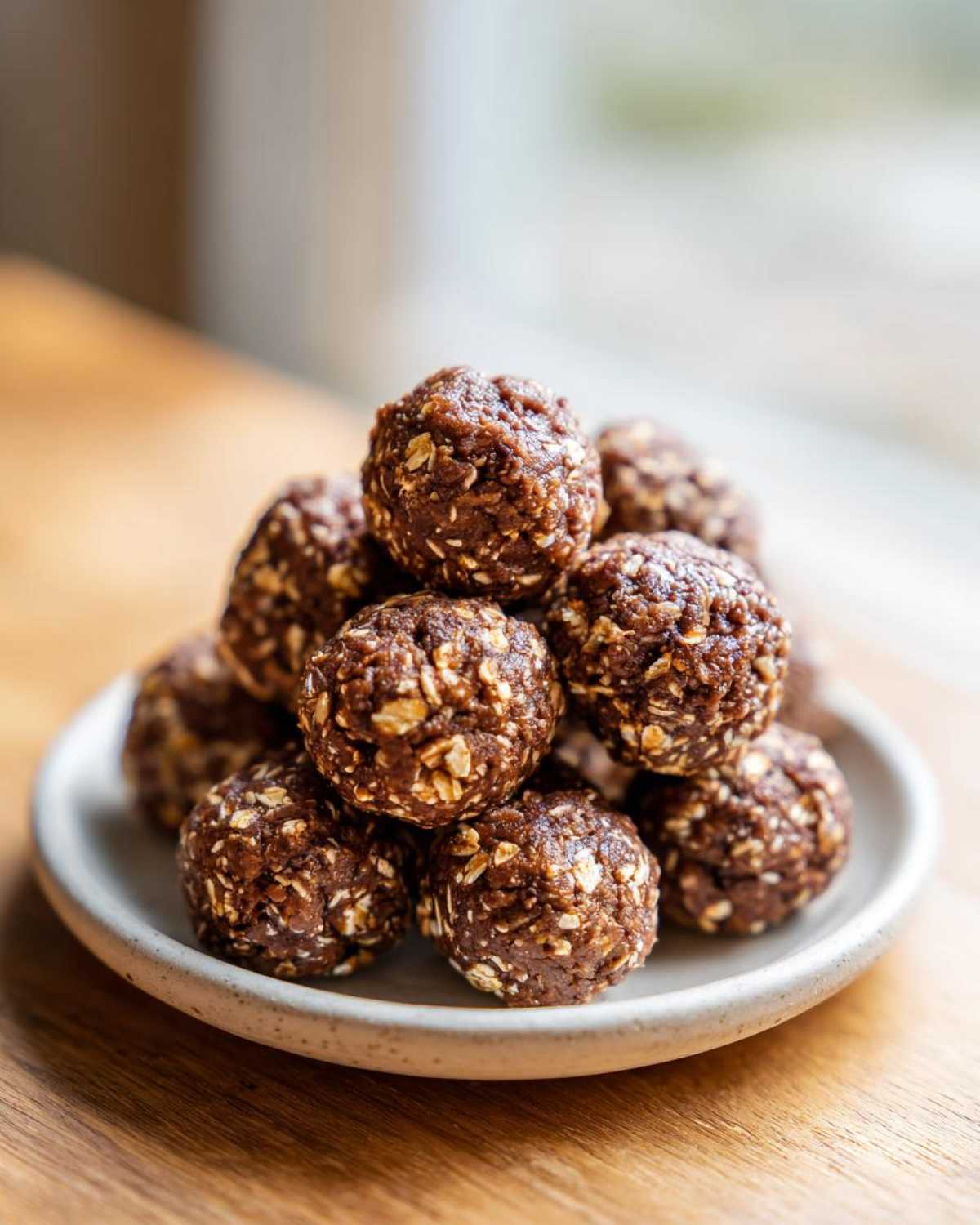A close-up stack of rich, dark chocolate protein balls made with visible oats, sitting on a small ceramic plate.