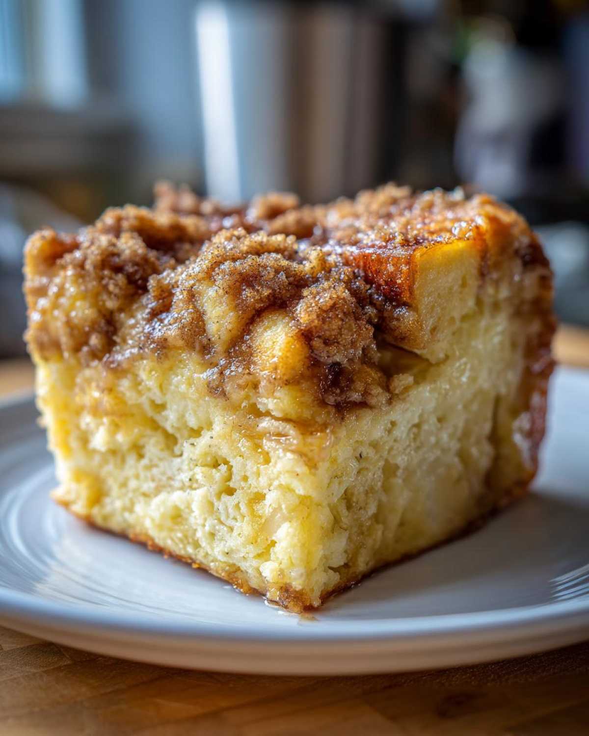 A square slice of rich, moist baked french toast topped with cinnamon streusel, served on a white plate.