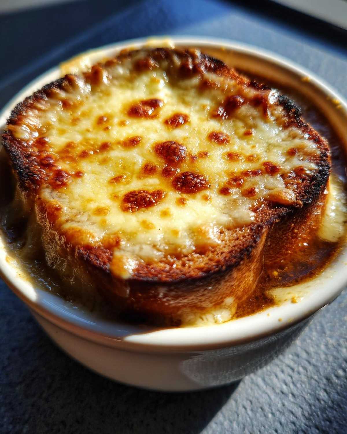 Close-up of a piping hot french onion soup recipe bowl topped with a thick layer of perfectly broiled, bubbly Gruyère cheese.