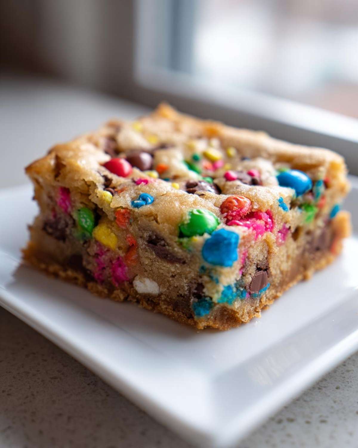 A single, thick square of chewy Christmas cookie bars loaded with colorful candies and chocolate chips, served on a white plate.