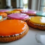 Close-up of sugar cookies topped with bright, glossy, hardened sugar cookie icing in orange, yellow, and pink.