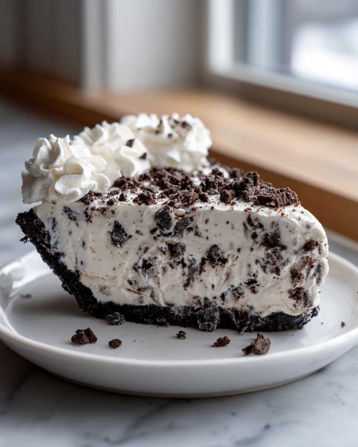 A generous slice of cookies and cream ice cream pie with a dark crust, topped with whipped cream and cookie crumbles.