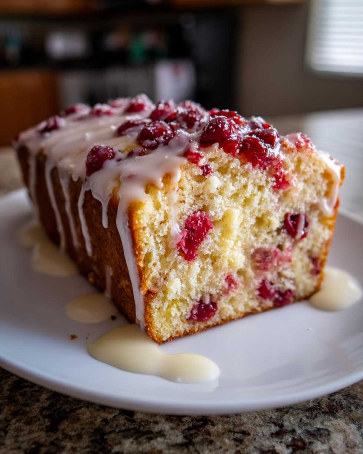 A moist slice of cranberry orange bread topped with a thick white glaze and whole cranberries.