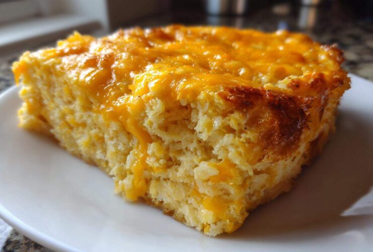 A thick, golden slice of baked cheese grits casserole topped with melted cheddar cheese.