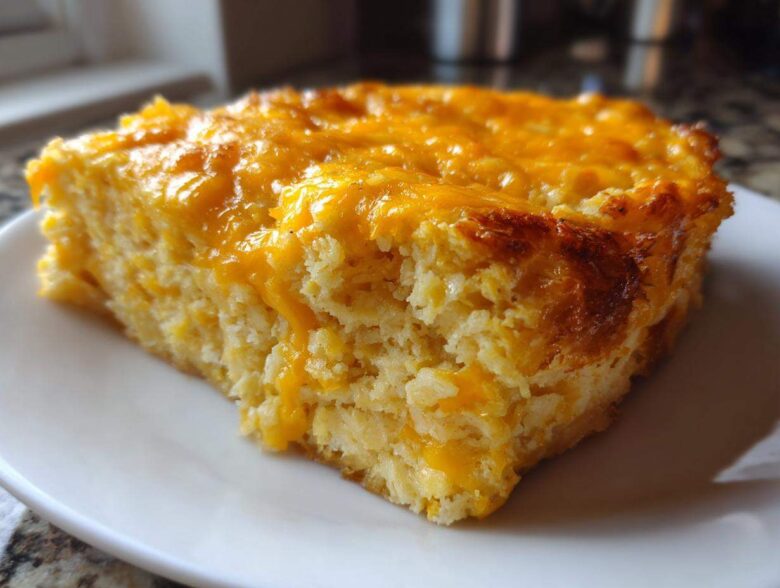 A thick, golden slice of baked cheese grits casserole topped with melted cheddar cheese.