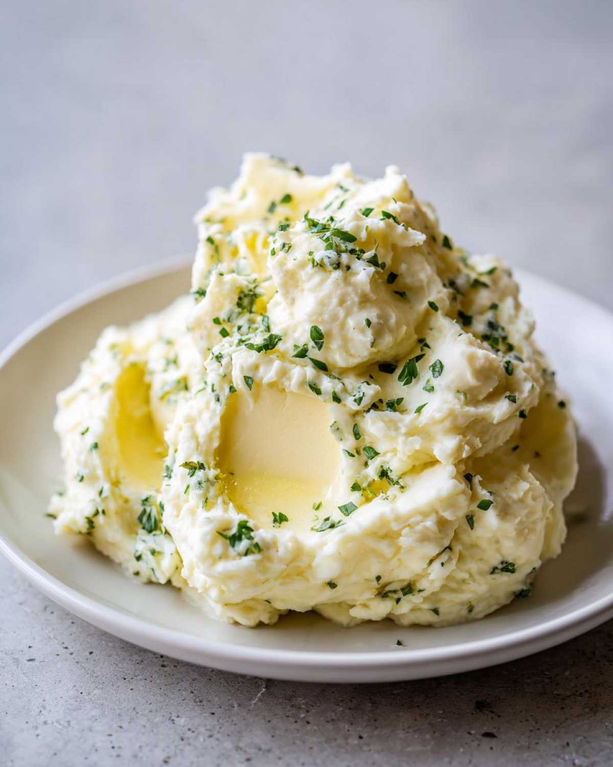 A generous serving of creamy Boursin mashed potatoes topped with melted butter pools and fresh chopped parsley.