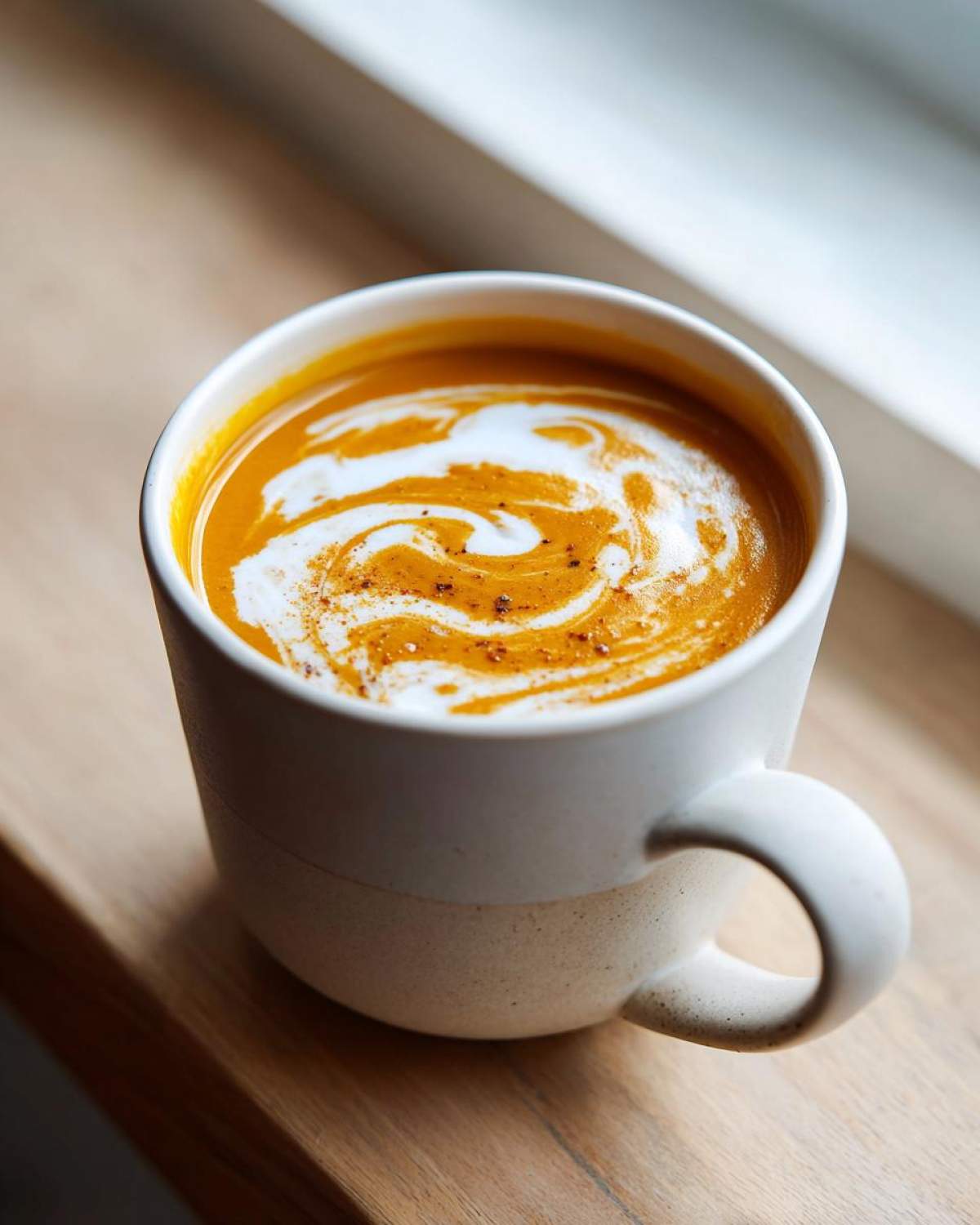 Close-up of creamy butternut squash soup swirled with cream in a speckled white mug.