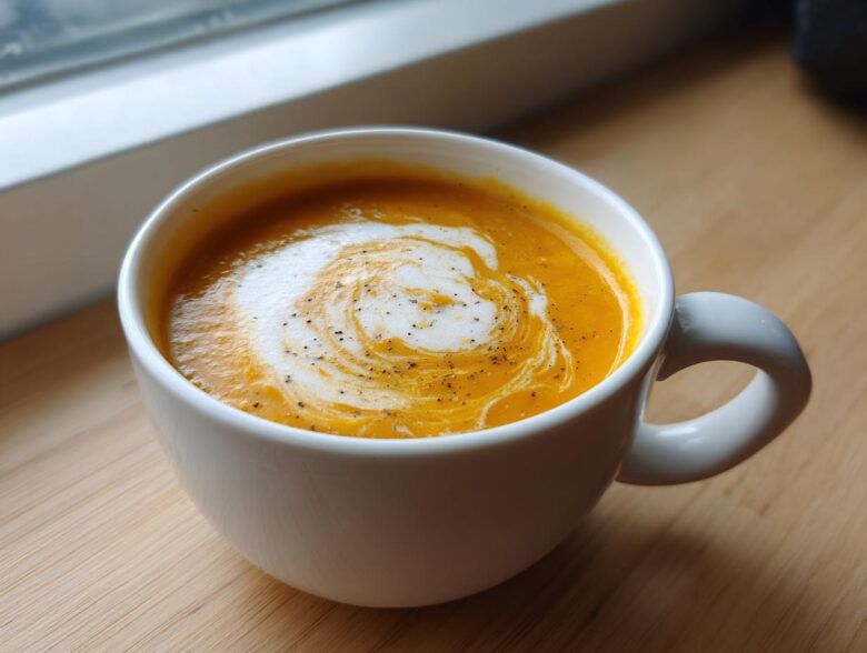 A close-up of creamy, orange butternut squash soup topped with a swirl of cream and cracked black pepper.