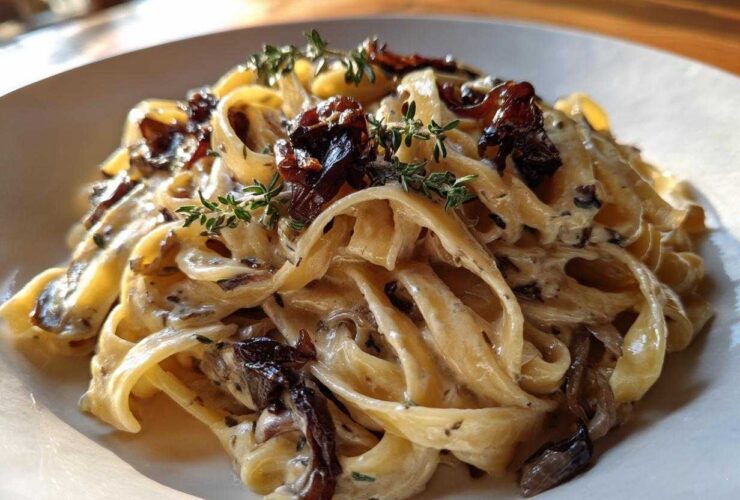 Close-up of creamy fettuccine pasta tossed with rich caramelized onion pasta, garnished with fresh thyme sprigs.