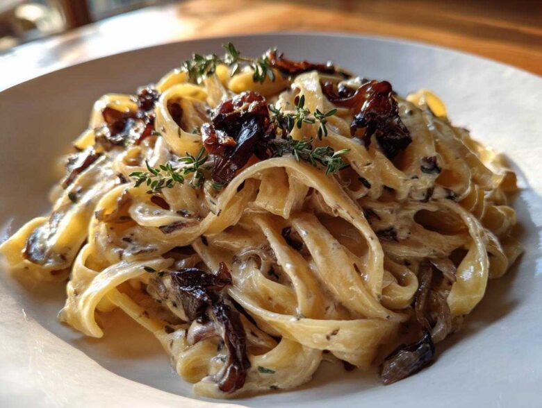 Close-up of creamy fettuccine pasta tossed with rich caramelized onion pasta, garnished with fresh thyme sprigs.