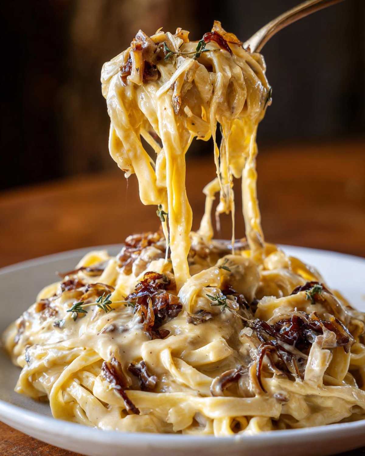 A fork lifting creamy fettuccine pasta topped with rich caramelized onion pasta and fresh thyme.