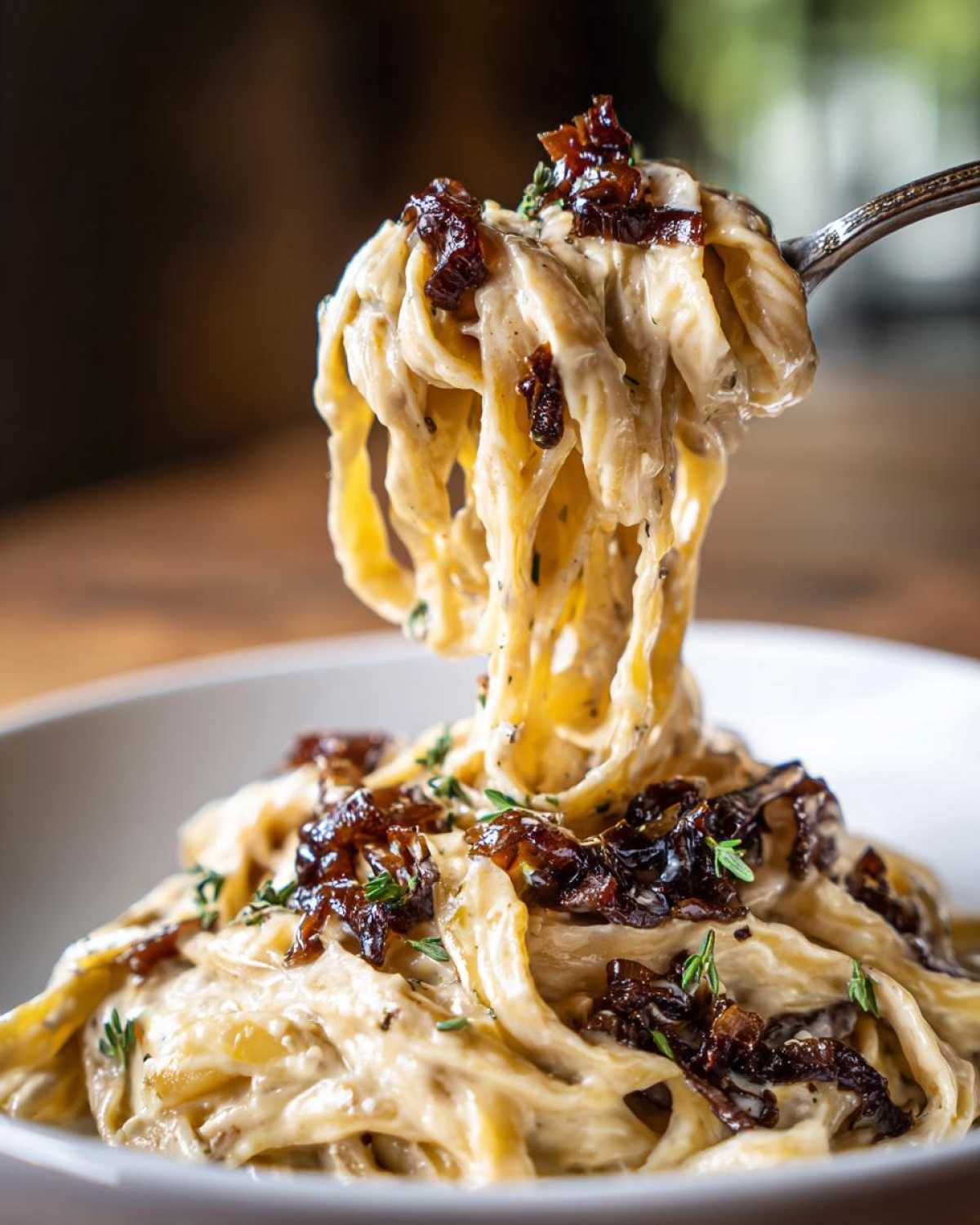 A fork lifting a generous portion of creamy caramelized onion pasta, topped with dark caramelized onions and fresh thyme.