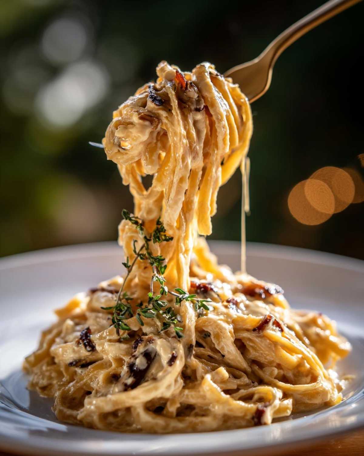 A fork lifts creamy caramelized onion pasta, garnished with fresh thyme, from a white plate.
