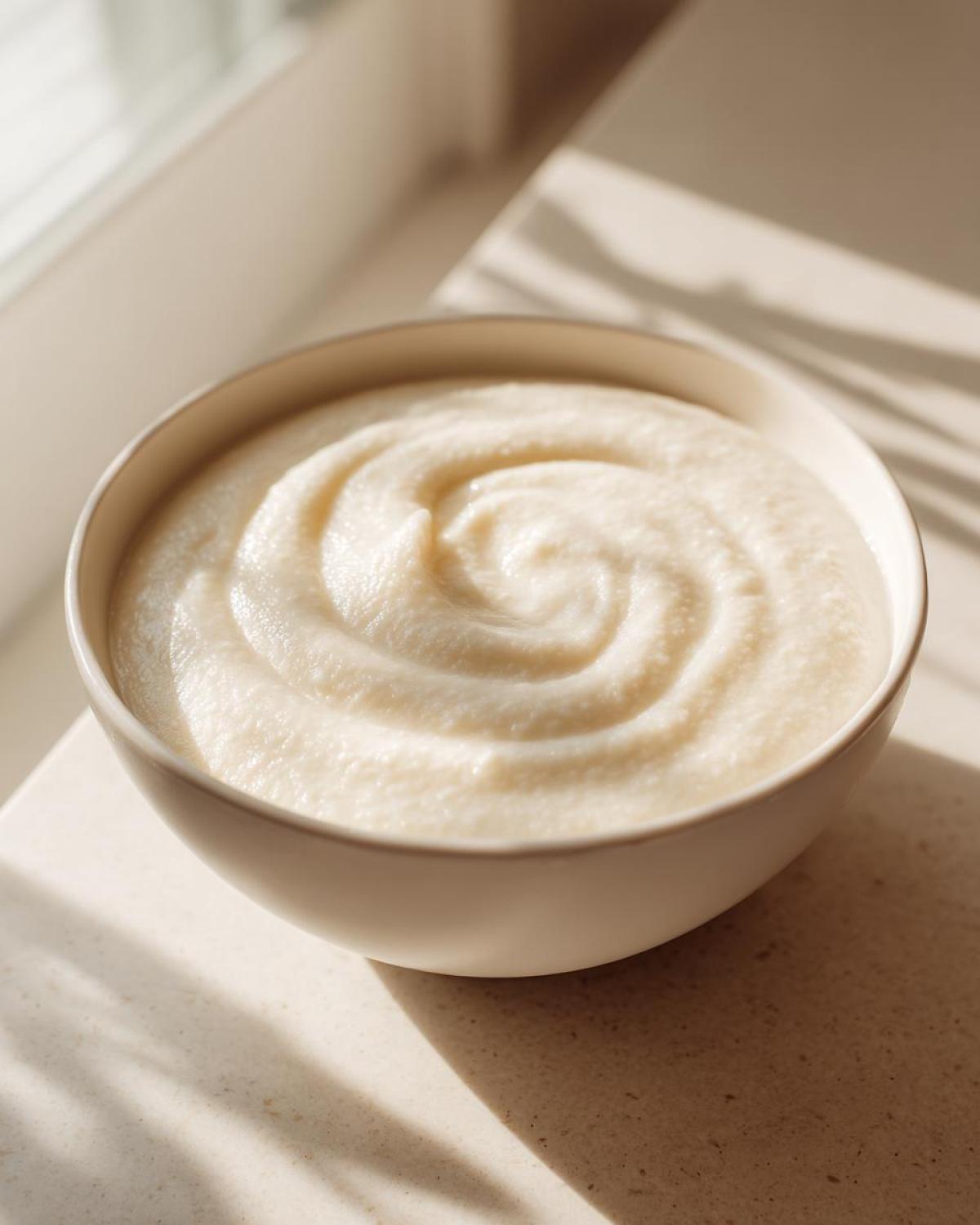 A close-up of a white bowl filled with incredibly smooth and creamy cauliflower soup, showing swirl marks.
