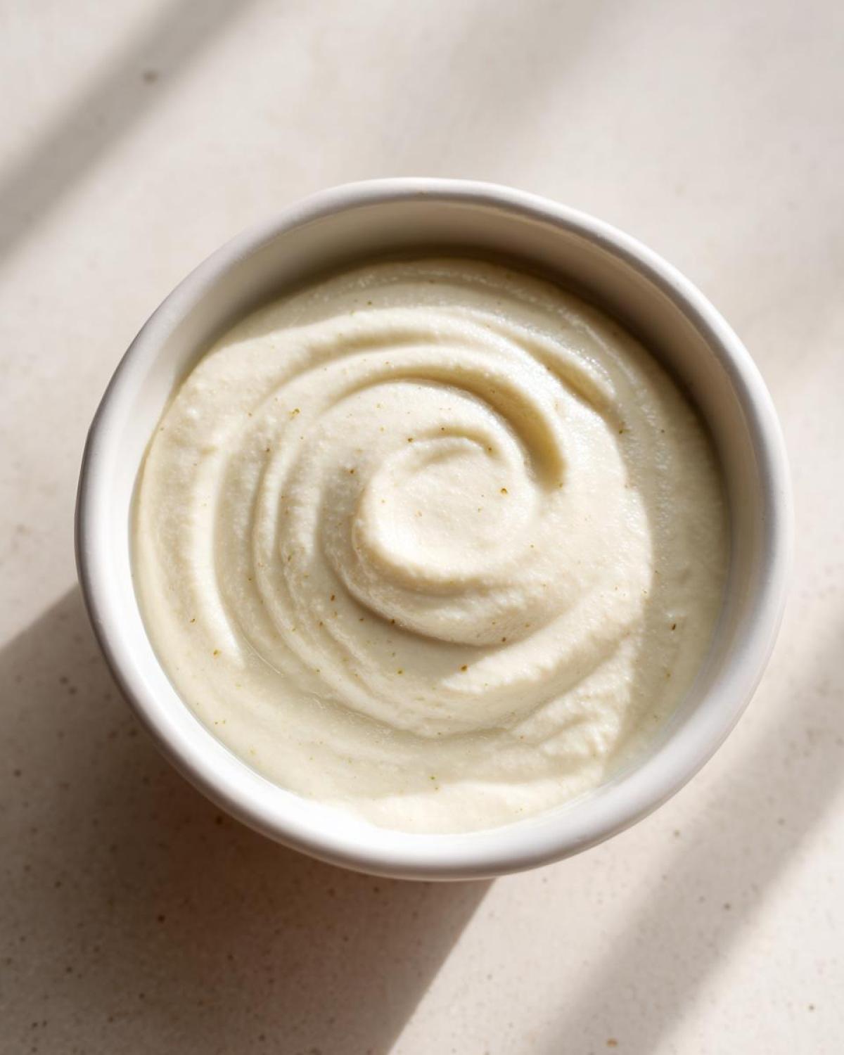 Overhead view of a white bowl filled with smooth, creamy cauliflower soup, showing swirl marks.
