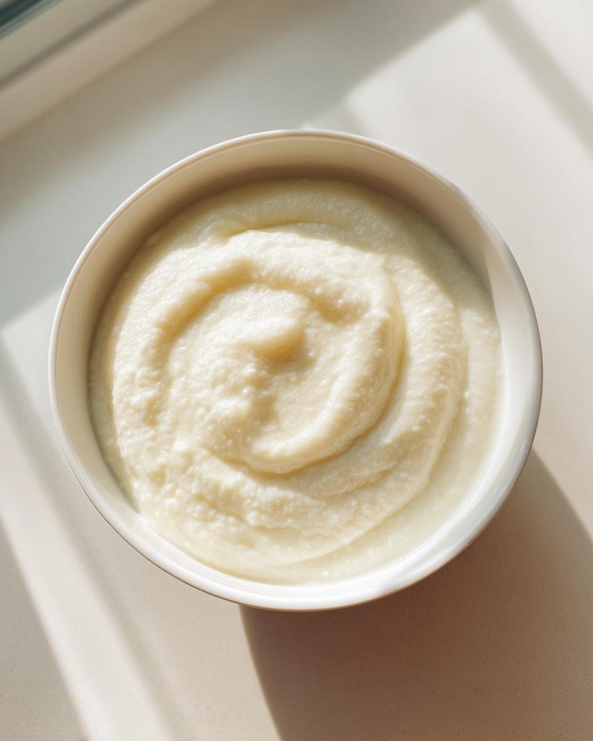 Overhead view of a white bowl filled with smooth, creamy cauliflower soup, swirled on top.