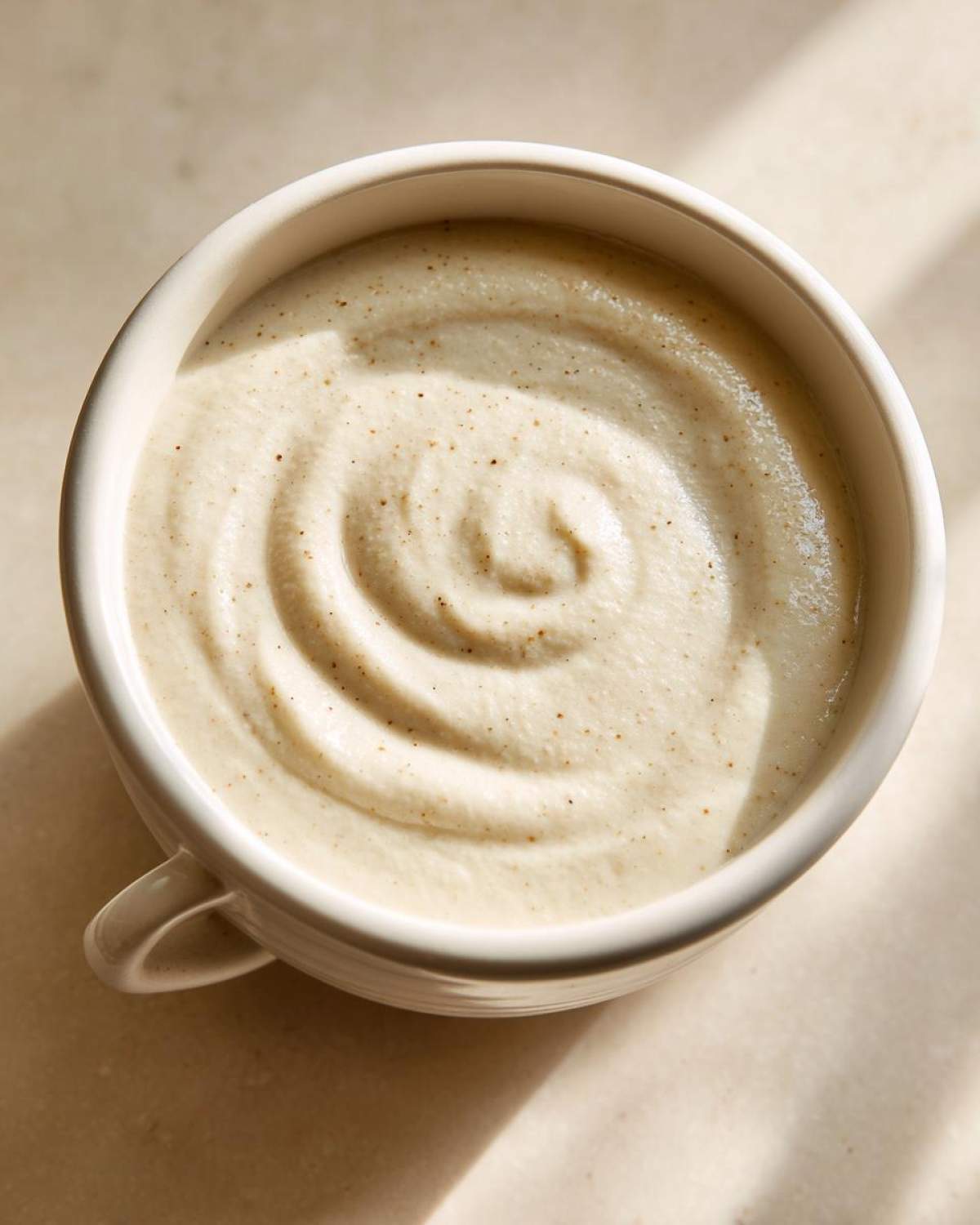 Overhead close-up of creamy, smooth cauliflower soup with fine specks of seasoning in a white mug.