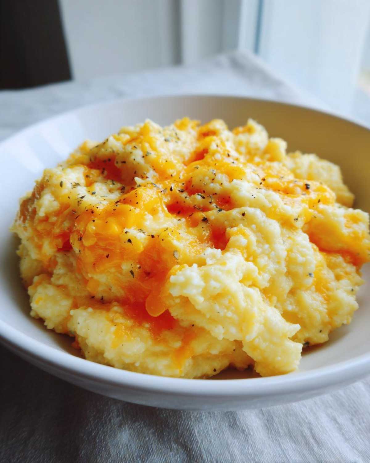 A close-up of a white bowl filled with creamy cheese grits topped with melted cheddar and black pepper.