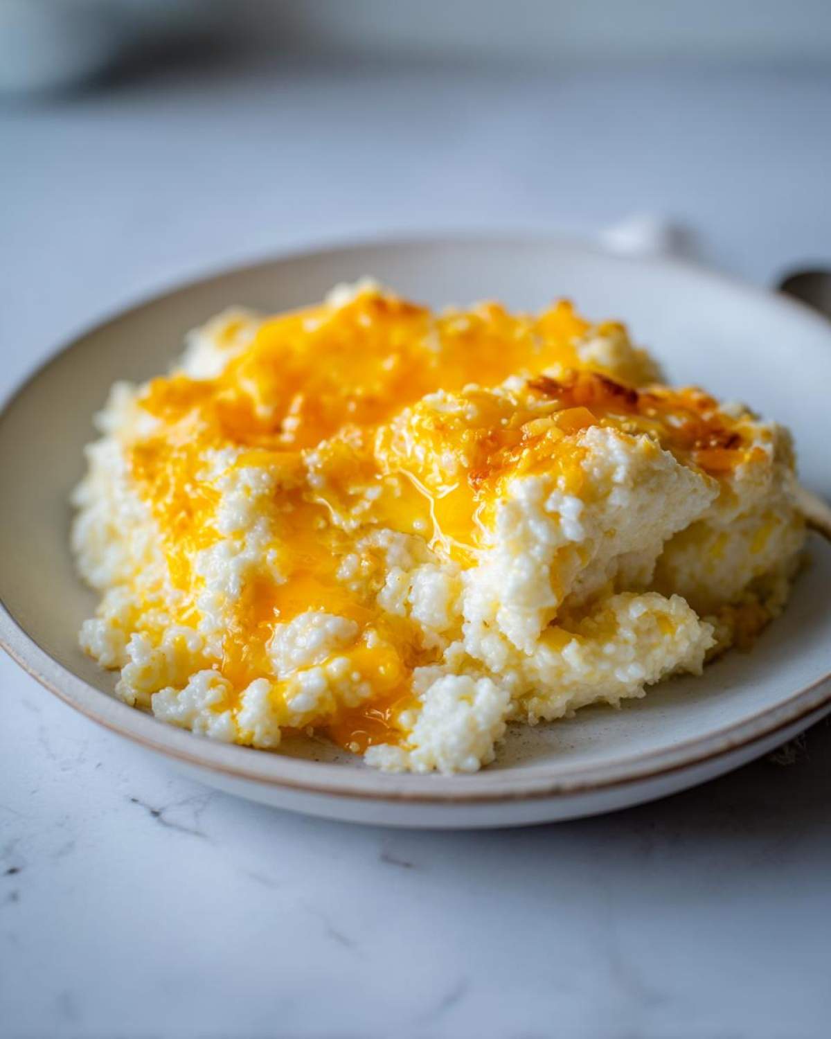 A close-up of creamy white cheese grits topped with melted, bright orange cheddar cheese.