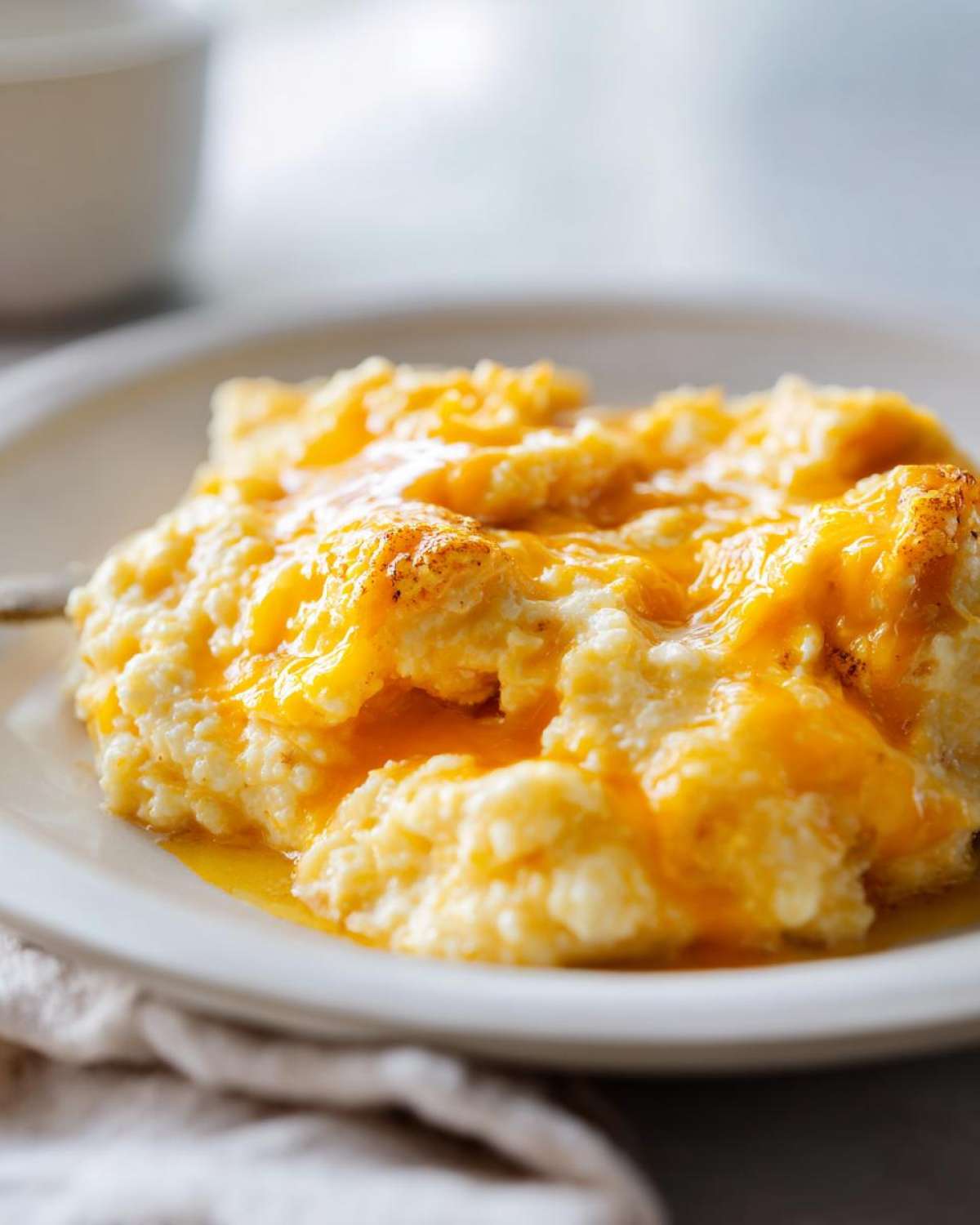 A close-up of creamy cheese grits topped with melted, gooey cheddar cheese on a white plate.