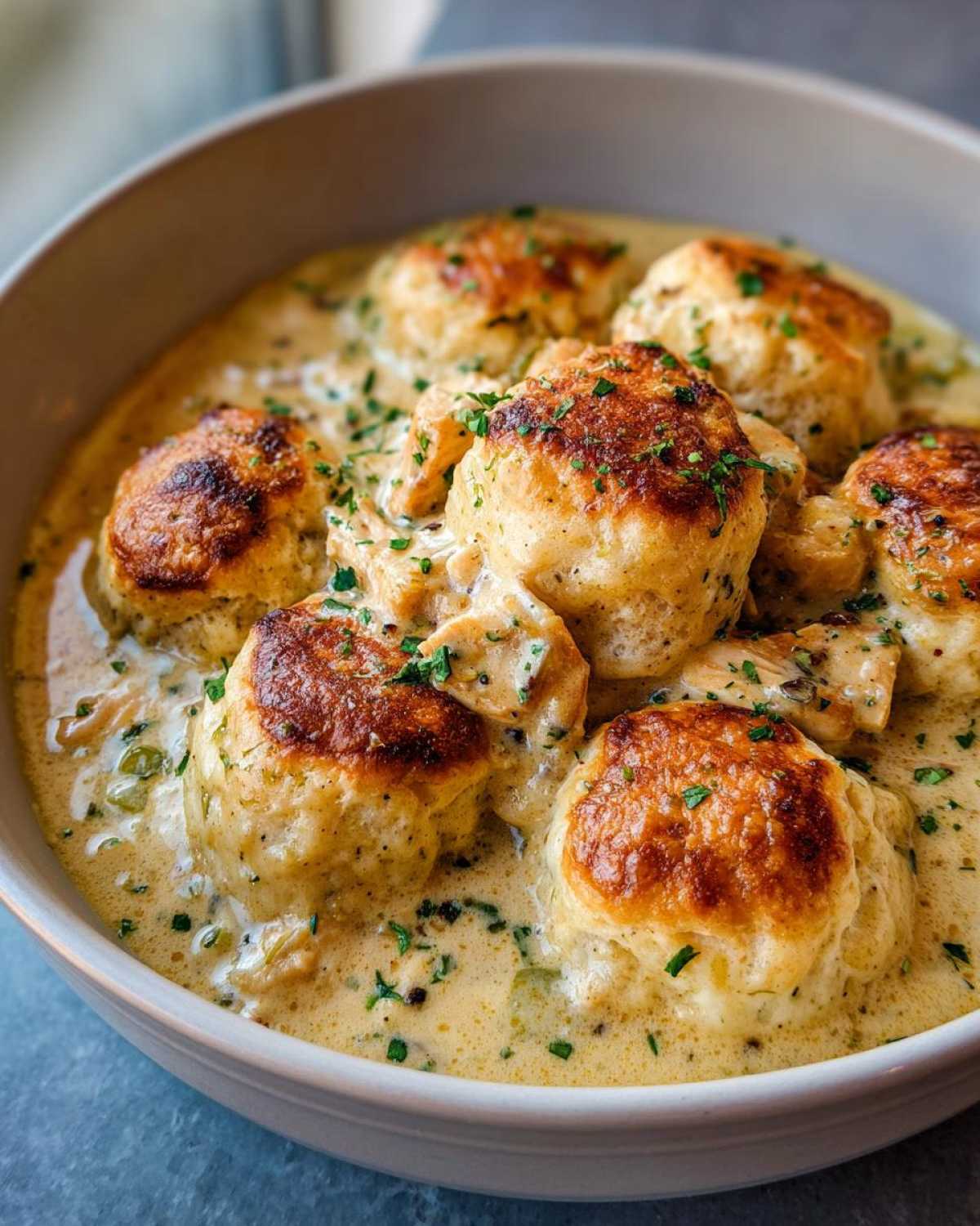 Close-up of golden-brown biscuits topping creamy chicken and dumplings, garnished with parsley.