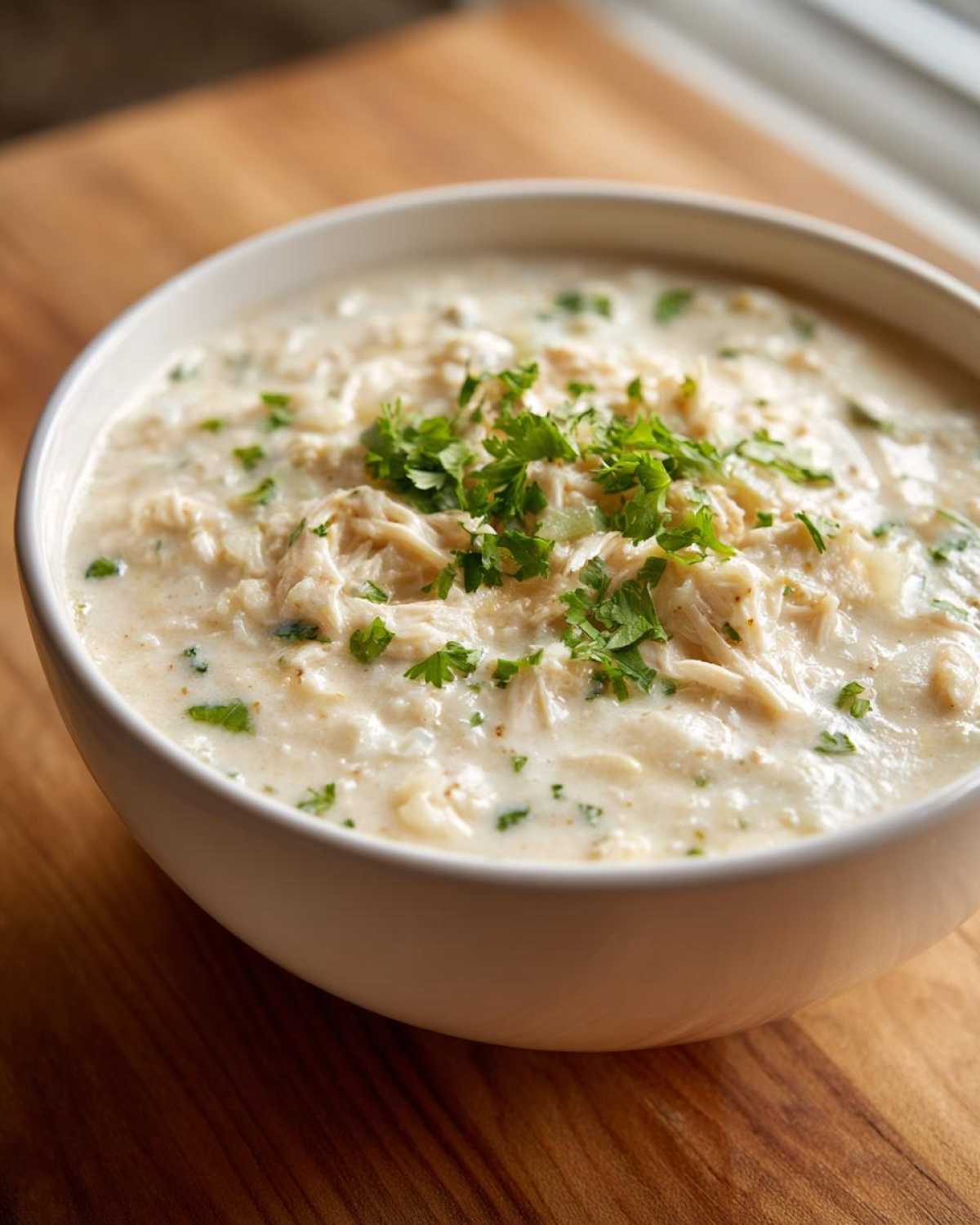 Close-up of a white bowl filled with creamy chicken chili, topped with fresh cilantro.