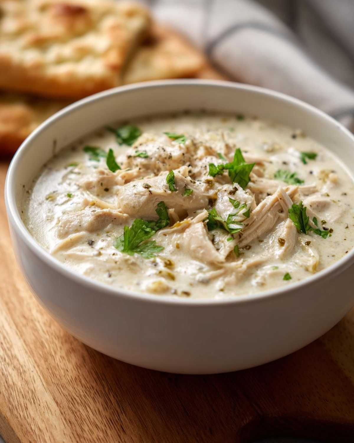 A close-up of a bowl of creamy white chicken chili topped with fresh parsley.
