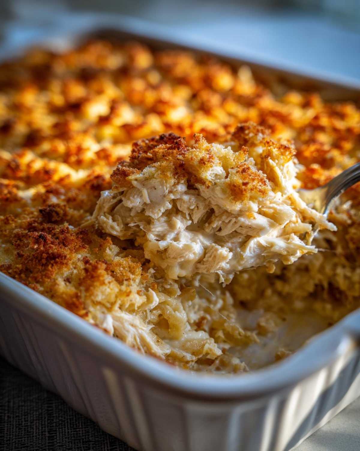 A fork lifting a generous serving of creamy chicken noodle casserole with shredded chicken and a golden brown, crunchy topping.