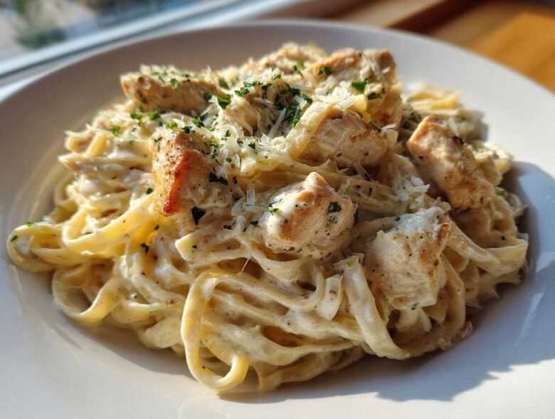A close-up of creamy chicken pasta featuring fettuccine noodles, diced seasoned chicken, and grated Parmesan cheese.