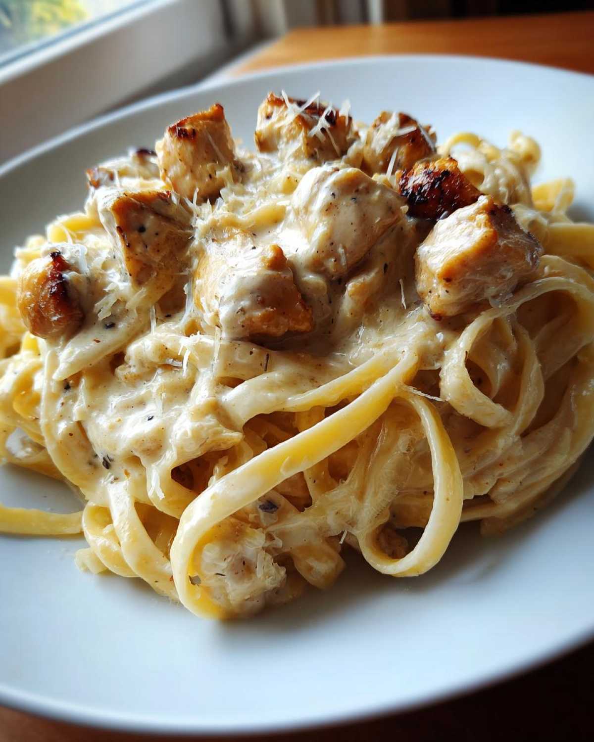 Close-up of creamy chicken pasta featuring fettuccine noodles, seasoned chicken pieces, and grated Parmesan cheese.
