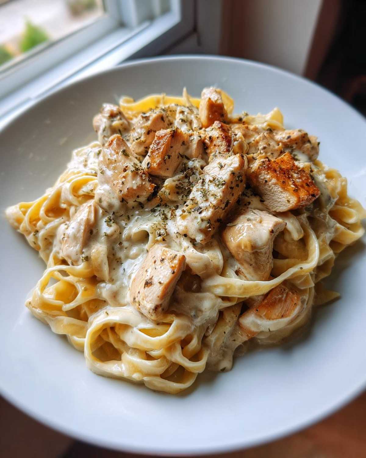 Close-up of creamy chicken pasta featuring fettuccine noodles and seasoned chicken pieces in a white sauce.