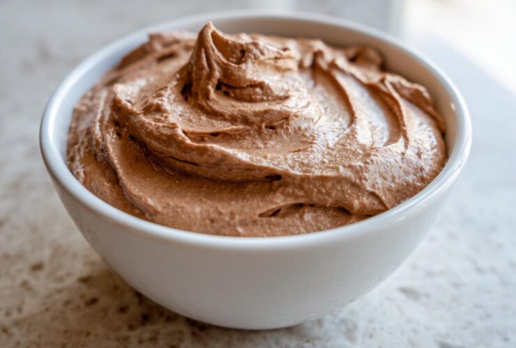 A close-up of creamy, swirled chocolate dip presented in a small white bowl.