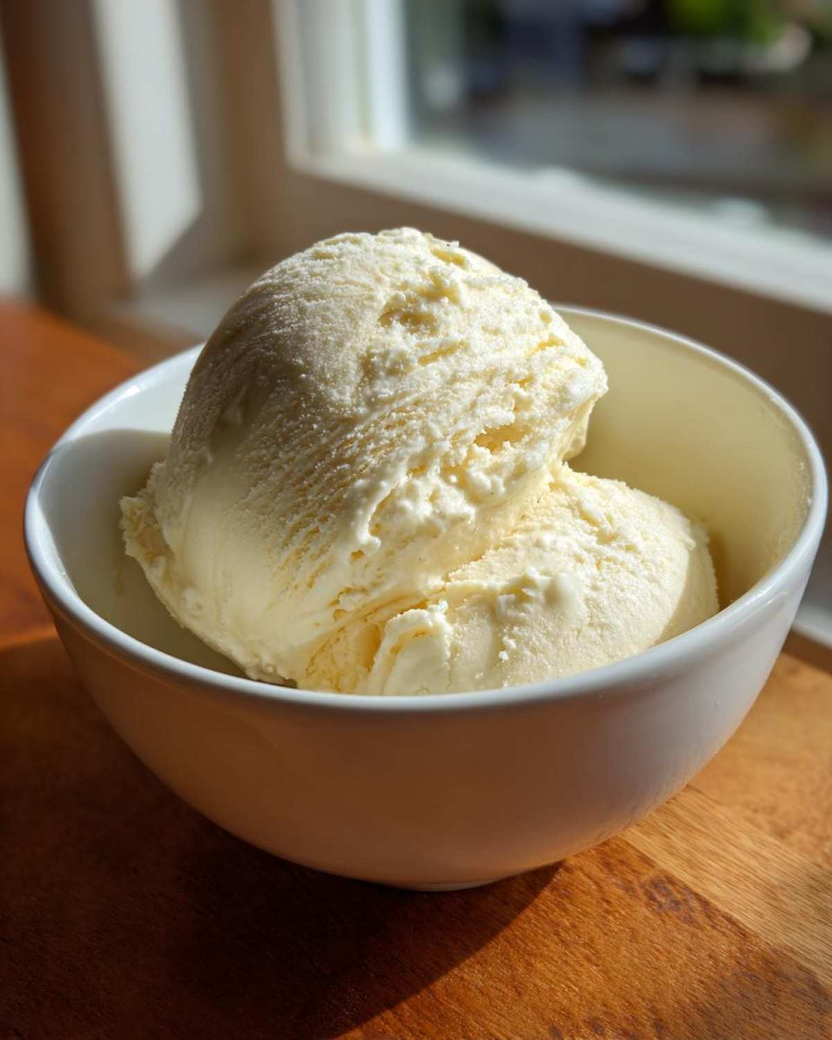 Two scoops of creamy, pale yellow cottage cheese ice cream served in a white bowl.