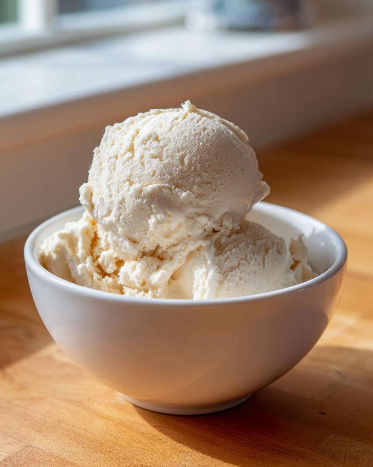 Two scoops of creamy, pale yellow cottage cheese ice cream served in a white bowl.