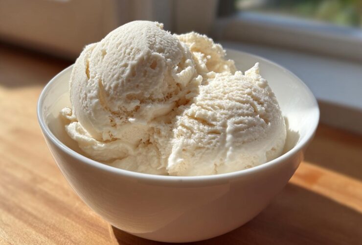 Three scoops of creamy, vanilla-colored cottage cheese ice cream served in a white bowl on a wooden surface.