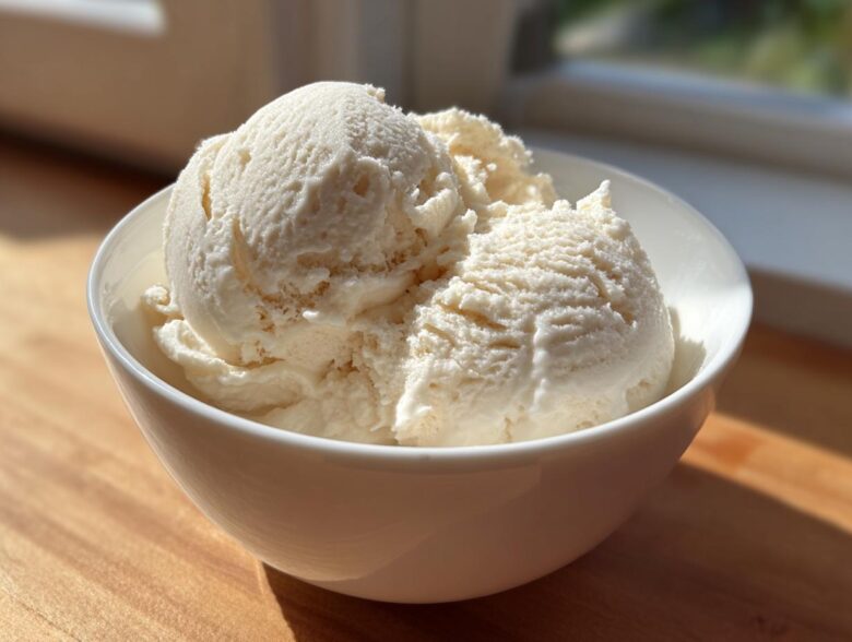 Three scoops of creamy, vanilla-colored cottage cheese ice cream served in a white bowl on a wooden surface.