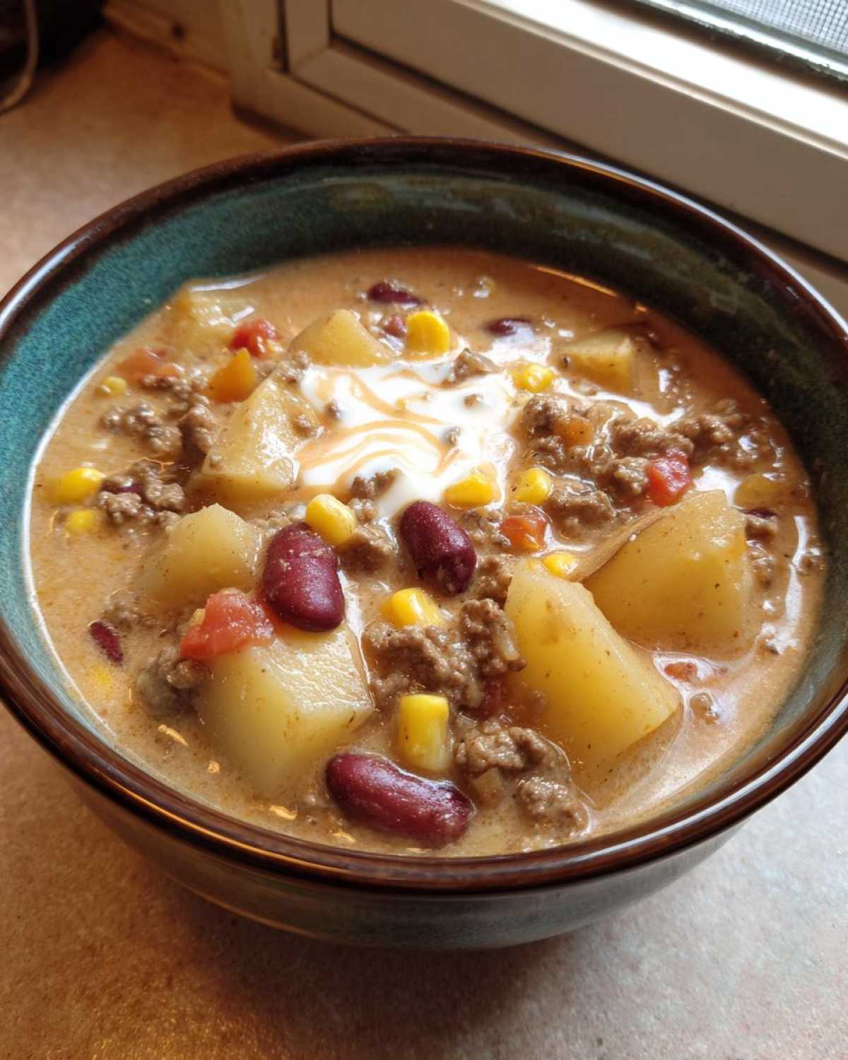 Close-up of a bowl of creamy cowboy soup featuring ground beef, potatoes, corn, and kidney beans, topped with sour cream.