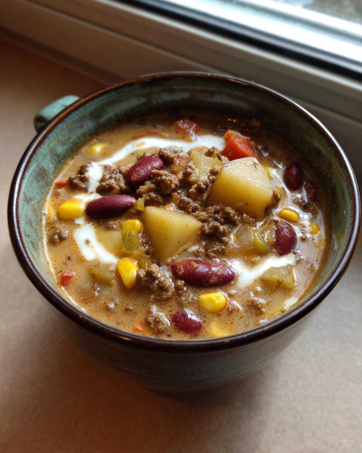 Close-up of a bowl of creamy cowboy soup featuring ground beef, potatoes, kidney beans, and corn, topped with a swirl of cream.